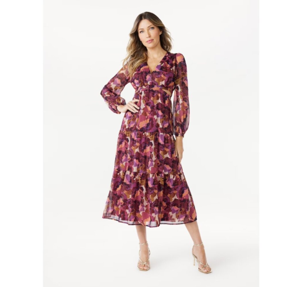 New Sofia Vergara Midi Dress sz XXXL Cutout Metallic Striped in Floral Wine